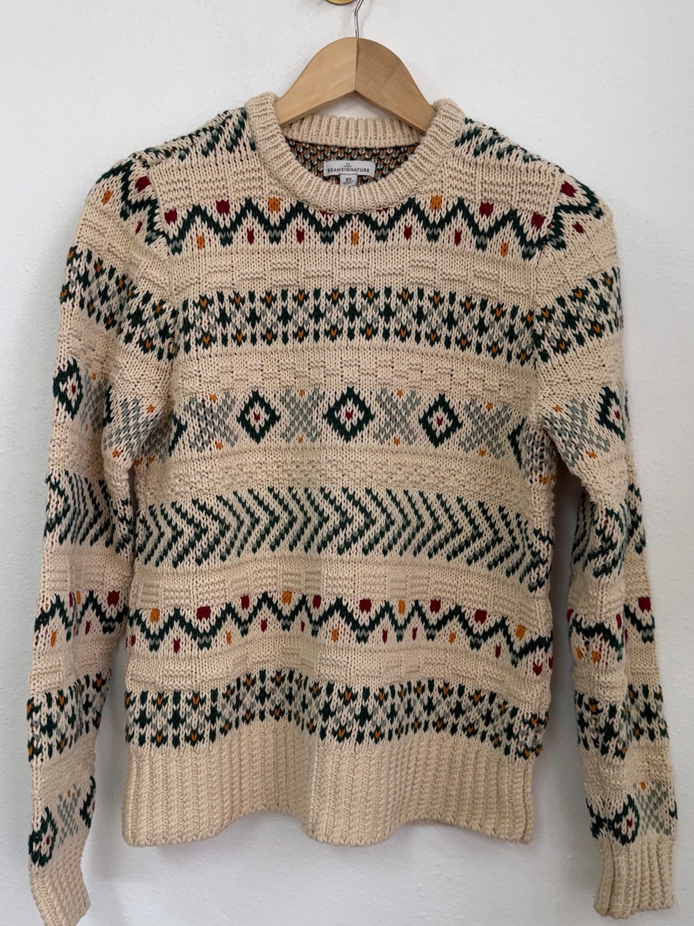 LL Bean Signature Cream and Green Patterned Crewneck Sweater
